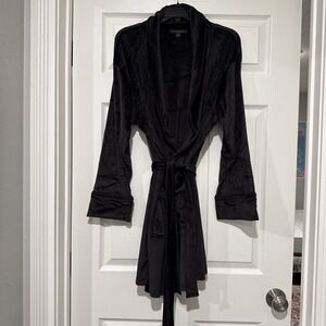 Donna Karan Sleepwear Black Velour Short Robe L/XL D2823405 Classic Tie Closure